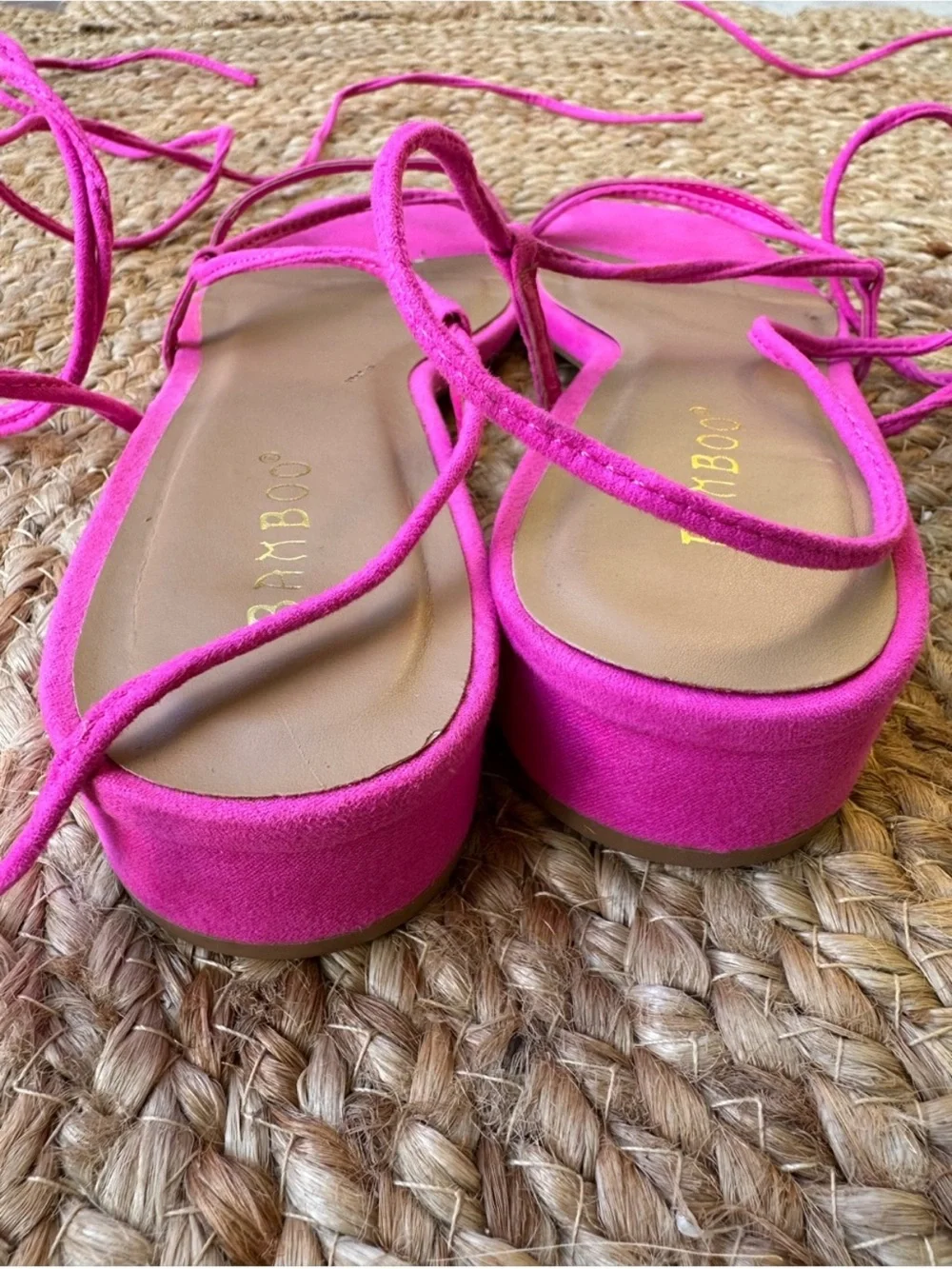BAMBOO Hot Pink Lace-Up Square Toe Sandals